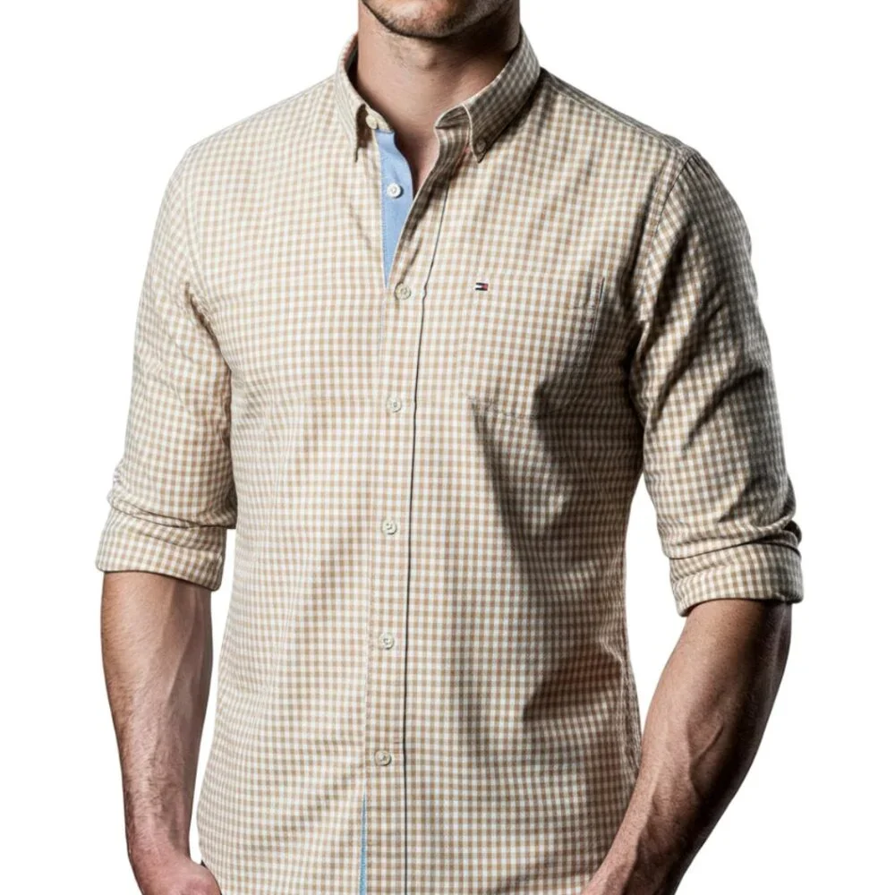 Tommy Hilfiger Men’s XL Classic Fit Gingham Button Down Tan White - Picture 1 of 11